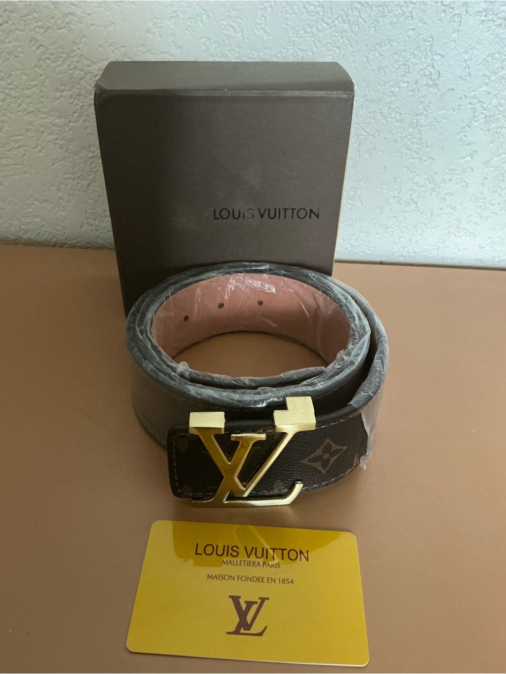 Louis Vuitton Monogram Belt with Gold LV Buckle — Brown & Pink - Picture 1 of 8